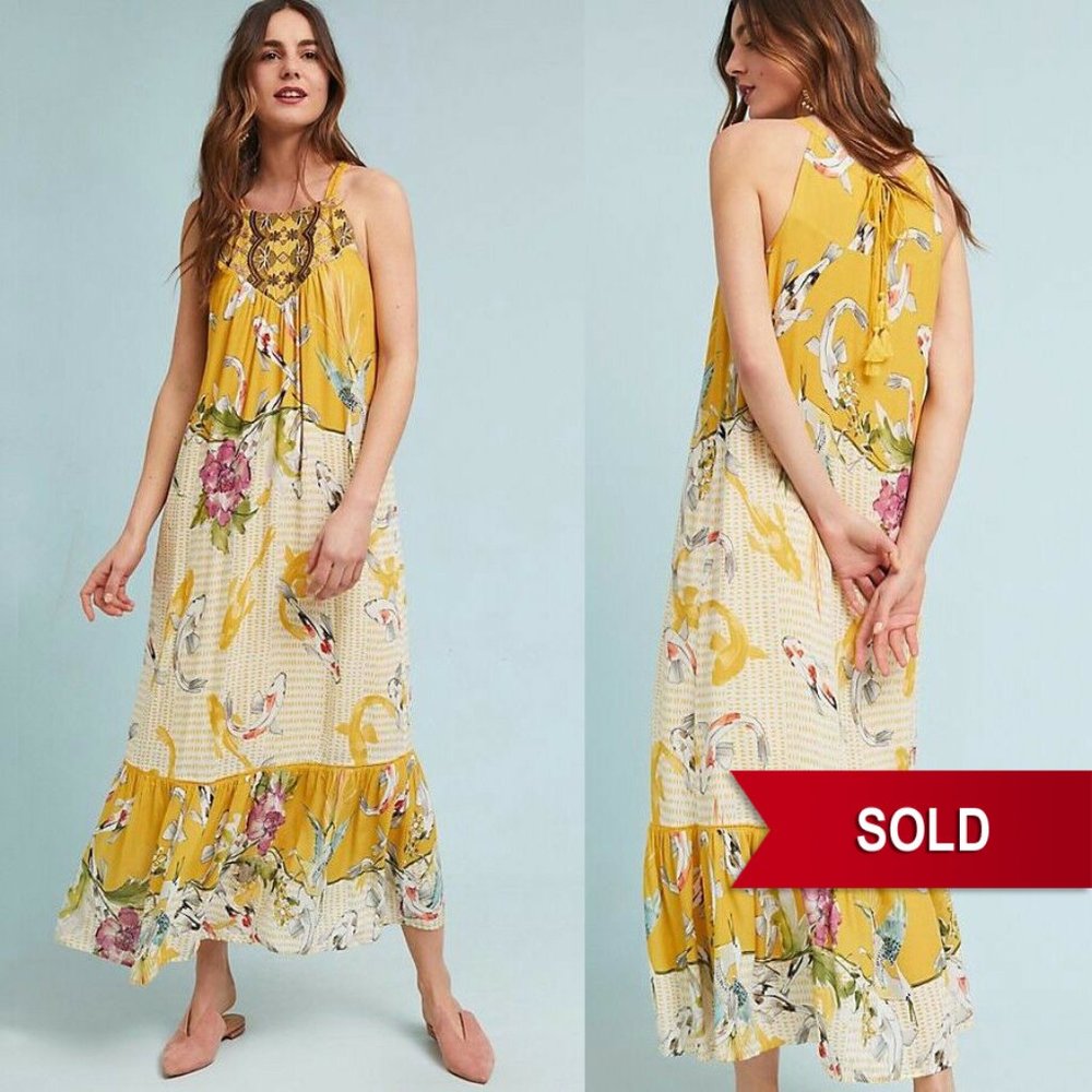 ANTHROPOLOGIE Paradiso Koi Fish Halter Maxi Dress
